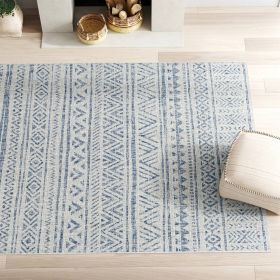 6.5 ft. x 9 ft. Blue Grey Chevron Coastal Boho Style Indoor Outdoor Area Rug