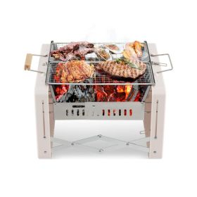 Outdoor Portable Folding Charcoal BBQ Grill Stove (Color: Beige & Silver)